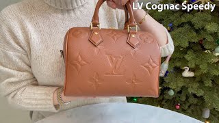 Louis Vuitton Cognac Speedy 25 Empreinte Leather Full Review • LV Strap Try On • What fits in my bag [upl. by Foss]