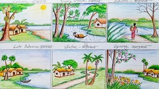 How to draw scenery of six season step by step [upl. by Llenahc]