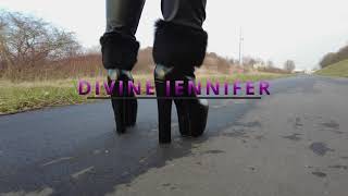 Pathwalk  High Heel Boots Walk  Black Shiny Outfit  Freddy Pants and Puffer Jacket [upl. by Kannan]