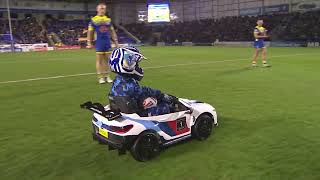 Whizzy Rascal makes an entrance  Halliwell Jones Stadium home of Warrington Wolves [upl. by Yannodrahc]