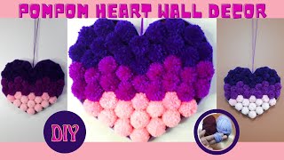 DIY WOOLEN MULTICOLOR POMPOM HEART  HANGING WALL DECOR  MJCrafts [upl. by Ioab468]