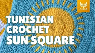 Tunisian crochet sun square full pattern  KnitterKnotter TCAL square 15 CC [upl. by Assenad]