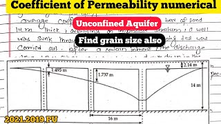 Unconfined Aquifer Numerical  find Grain size  Coefficient of Permeability  202120182013 PU [upl. by Crotty82]