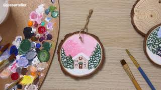 Holiday Brown House Pink Sky on Wood Slice  Gouache Acrylic Paint With Me [upl. by Noakes395]