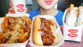 ASMR RALLYS CHECKERS CHILI DOG GARLIC PARMESAN LOADED FRIES FUNNEL FRIES NERDS SLUSHY 🌭🍟🍭 [upl. by Notfa]