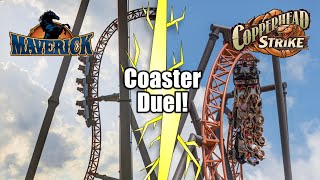 Coaster Duel Copperhead Strike Carowinds Vs Maverick Cedar Point [upl. by Corydon165]