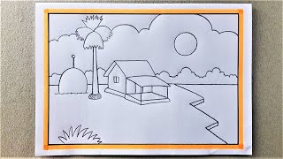 Village Scenery Drawing with Painting 🧡🧡🧡 Bangla VoiceTutorial [upl. by Jabez]