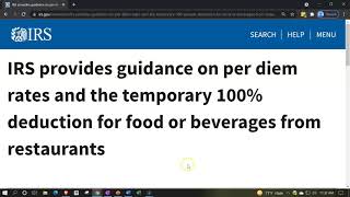 Guidance on per diem rates and the temporary 100 deduction for food or beverages from restaurants [upl. by Nonez]