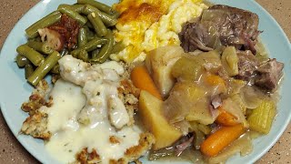 pot roast potatoes carrotsgreen beansmacaroni amp cheesedressing corn breadstrawberry cake [upl. by Yllut]