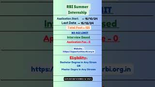 RBI SUMMER INTERNSHIP 2024 rbiinternship bankjobs rbibank [upl. by Gussie]