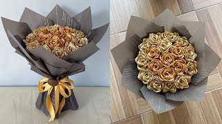 DIY  How to Make a Bouquet of Roses from Satin Ribbons Easy  Wrapping a Round Flower Bouquet [upl. by Januisz375]