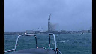 Fawley Power Station Chimney Demolition View from an Axopar on the Solent for the collapse  Boom [upl. by Bruell]