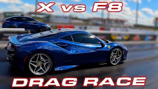 BETTER COME CHARGED  1020 Tesla Model X Plaid vs 900 HP Ferrari F8 Tributo DRAG RACE [upl. by Norrahs235]