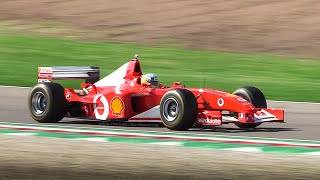 Ferrari F2002 F1 Car singing at Imola Circuit Best of V10 Sounds Accelerations amp Fly Bys [upl. by Adyht]