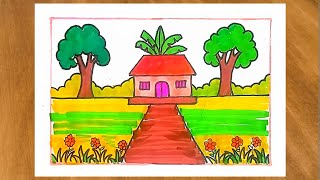 Very😍Very🤩Easy scenery drawing amp 🎨 painting  Sohoje Sundor Gramer Drisso Aka amp Rong kora [upl. by Erinna]