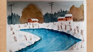 Minimalist Snowy Landscape painting with watercolorwatercolor tutorial [upl. by Flyn394]