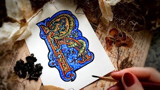 How to draw illuminated letter R  Romanesque illuminated manuscript tutorial  watercolor pencils [upl. by Mccourt]