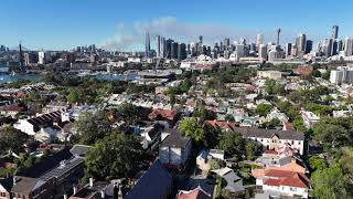 Bushfire smoke from Oxford Falls and Cromer Heights  Drone view from Glebe Sydney Australia CBD [upl. by Ketti]