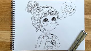 Drawing A Little Girl Dreaming of Toy Bear  Easy Face Drawing amp Beginner Friendly [upl. by Cade]