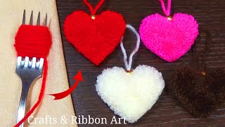 Easy Pom Pom Heart Making Idea with Fork  Amazing Valentines Day Crafts  How to Make Yarn Heart [upl. by Onihc]