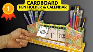 DIY CARDBOARD DESK CALENDAR  Pen Holder Organizer with Calendar  Cardboard Craft Ideas Art amp Craft [upl. by Melmon811]