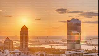 Sunset over Dubai Media City with Modern buildings aerial timelapse United Arab Emirates [upl. by Yerfoeg]