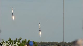 Falcon Heavy slomo launch and landing Watch the sound ripple through the exhaust at 120 FPS [upl. by Kcirdorb]