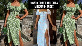 HOW TO DRAFT AND CUT A MILKMAID DRESS PATTERN TUTORIAL  milkmaid gown with slit sewingtutorial [upl. by Aynodal21]