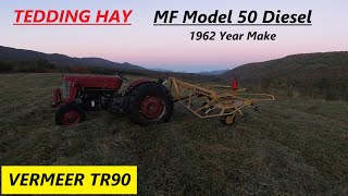 Tedding Hay  MF 50 Diesel  On The High Ground w The Vermeer TR90 [upl. by Aivatnohs438]