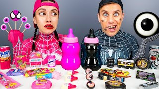 Pink Food vs Black Food Challenge 핑크 블랙 푸드 챌린지 Mukbang for Superheroes by HUBABANG [upl. by Esiled]