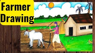 Farmer Memory Drawing  How to draw Farmer  Easy Farmer Drawing  Village Life Memory Drawing [upl. by Ethan]