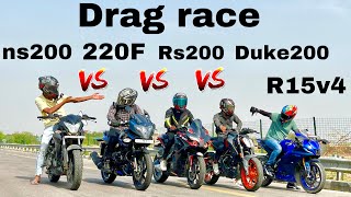 Pulsar 220f 2024 vs Ns200 vs rs200 vs duke200 vs r15v4 drag race yamaha ktm duke bajaj ns200 [upl. by Annovahs515]