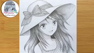 How to draw Anime girl with hat  step by step  Manga Girl Pencil Sketch [upl. by Barkley162]