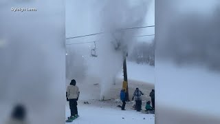 Burst pipe at ski resort unleashes a torrent of frozen water on unsuspecting skiers snowboarders [upl. by Ariada]