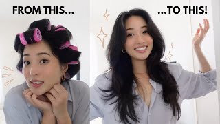 BIG BOUNCY HAIR BLOWOUT  hair rollers tutorial [upl. by Wamsley]