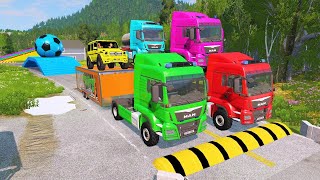 Double Flatbed Trailer Truck vs Speedbumps Train vs Cars  Tractor vs Train BeamngDrive 050 [upl. by Aisekal647]