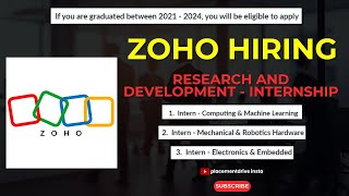 Research amp Development Internship Opportunities at Zoho  Apply Now  2024 [upl. by Arabela]