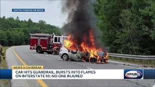 Car hits guardrail bursts into flames on Interstate 93 no one injured [upl. by Woodruff346]