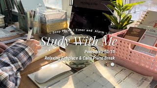 3HR STUDY WITH ME ☕️🪵 crackling fireplace  pomodoro 5010 🎹 with calm piano break [upl. by Anselmi144]