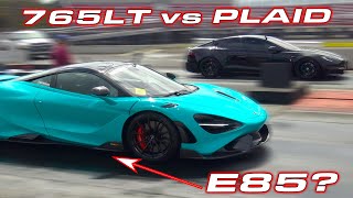 WILL E85 HELP  PLAID VS 765LT REMATCH  Tesla Plaid vs McLaren 765LT and then add E85 Fuel [upl. by Kram]