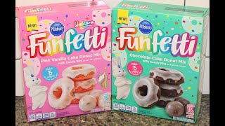 Pillsbury Funfetti Cake Donut Mix Unicorn Pink Vanilla amp Chocolate Review [upl. by Nauwtna815]