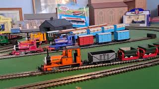 Bachmann Rheneas pulling 5 tipper wagons truck and red box van [upl. by Ahsekyw]