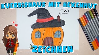 Kürbishaus mit Hexenhut einfach malen für Kinder  ab 8 Jahren  Malen mit Evi  deutsch [upl. by Sillek]