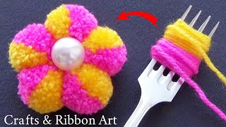 Amazing Pom Pom Flower Making Idea with Fork  Hand Embroidery Flower Design  DIY Woolen Flowers [upl. by Labannah]