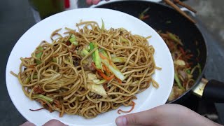 Outdoor cooking Stir fry noodles with pork and vegetables [upl. by Lhary]