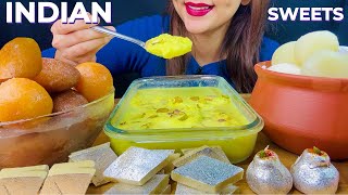 ASMR INDIAN SWEETS  RASMALAI  GULAB JAMUN  SPONGY RASGULLA  KAJU KATALI  EATING VIDEO  MUKBANG [upl. by Idnyl162]