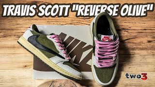 Jordan 1 Travis Scott Low “Reverse  Medium Olive” Close up nikejordantravisscottTwo3SK [upl. by Elmore]