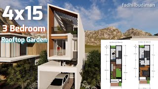 4x15 House Design With 3 Bedroom And Rooftop Garden  Desain Rumah Kecil Modern Split Level [upl. by Yaras]