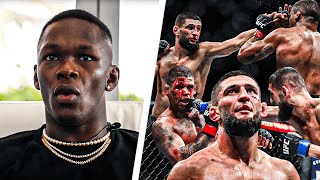 Israel Adesanya Reacts to CRAZY Khamzat Chimaev vs Gilbert Burns Fight  UFC 279 [upl. by Aciras596]