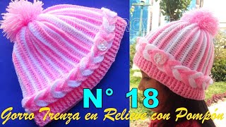 Como tejer el Gorro N° 18 a crochet en punto trenza en relieve con pompón para bebes y niñas [upl. by Doykos]